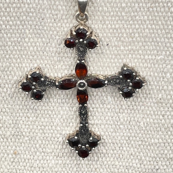 925 Sterling Silver Jewelry - Sterling Silver Garnet Cross Pendant Necklace